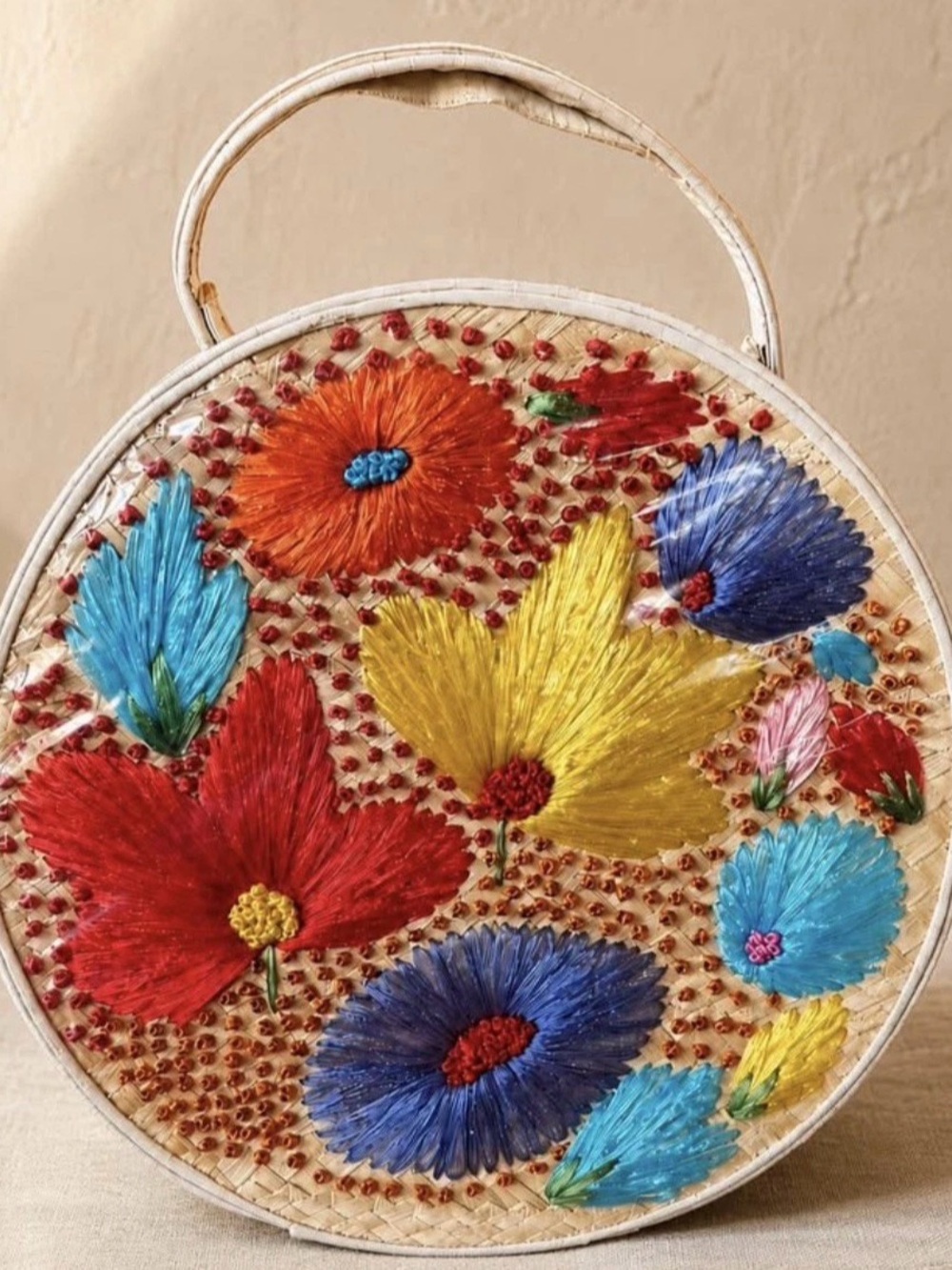 Vintage Floral Straw Round Purse Lucite Raffia Bag Colorful Wicker Handbag